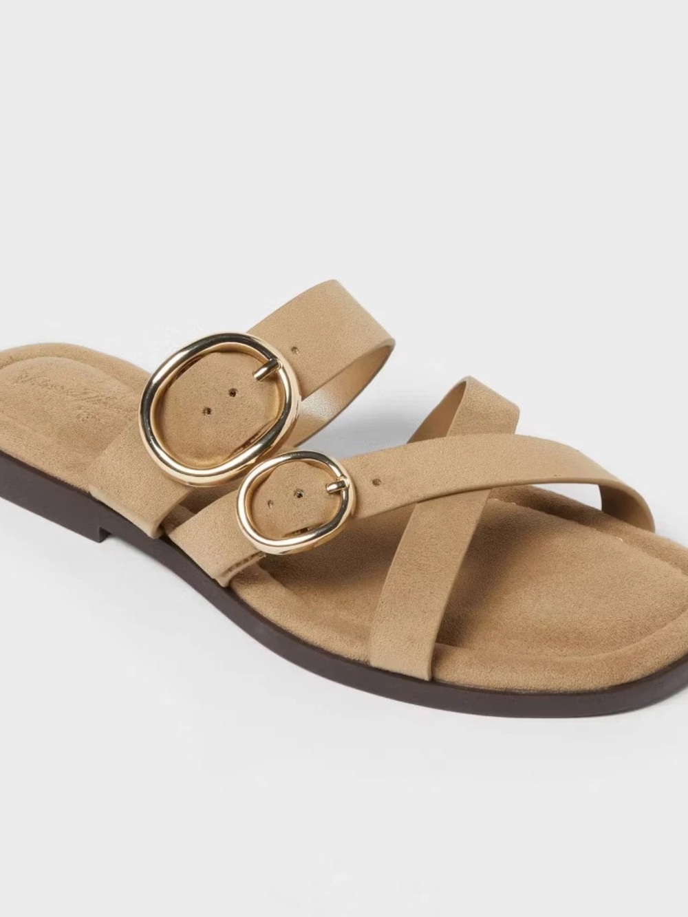 Suede Cross-Strap Slide Sandal with Gold Buckles - Tan